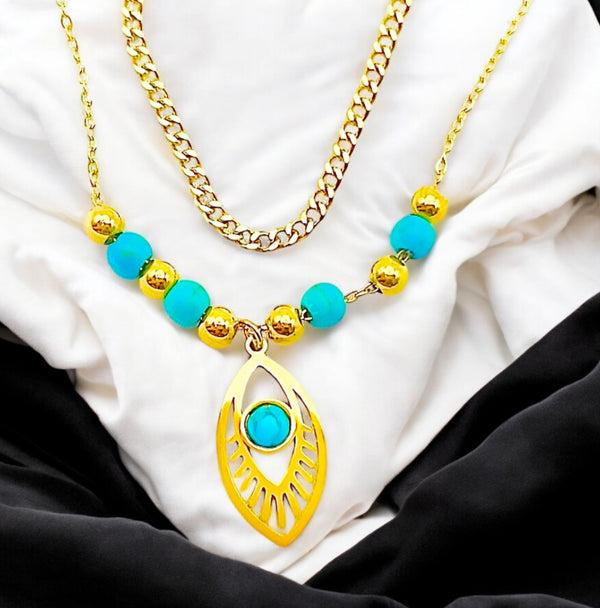 Collier TurquoiseGleam (Turquoise bleu), or 18 sur Acier inoxydable