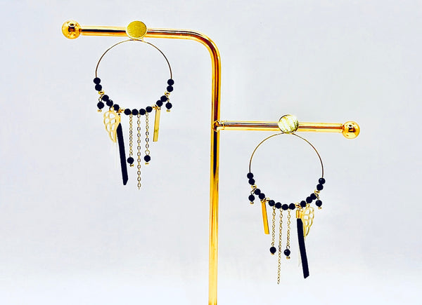 boucles d'oreilles Seraphina, Agate Noire, or 18sur Acier inoxydable.